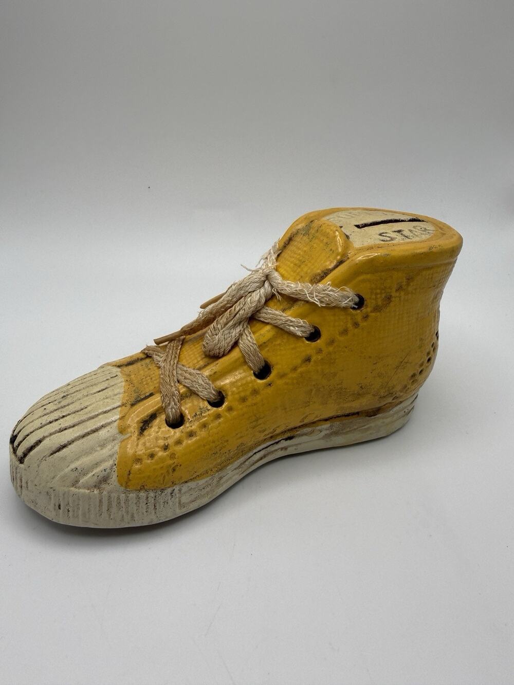 Vintage 1970s Enesco Bank Yellow High Top Tennis Shoe Sneaker Super Star Retro